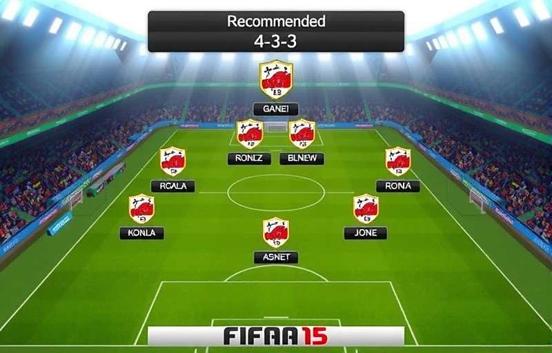 FIFA 15: ATK Mohun Bagan Simulation tactical setup screen showing recommended 4-3-3 formation for ATK Mohun Bagan