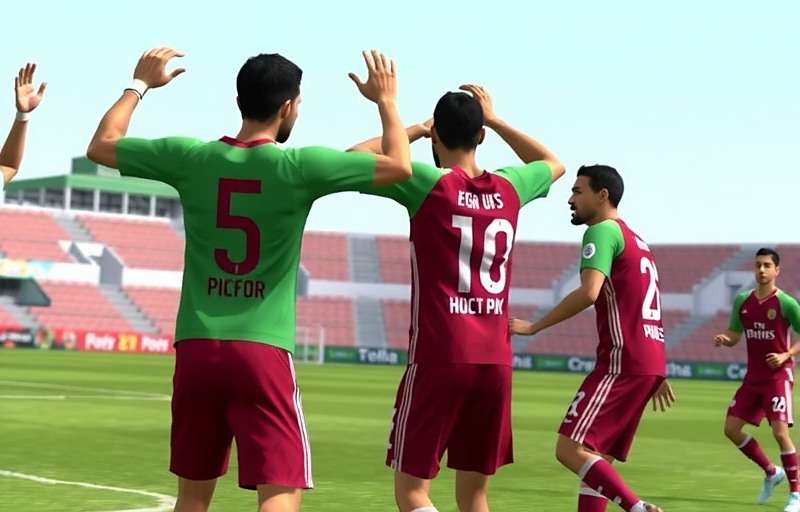 FIFA 15: ATK Mohun Bagan Simulation gameplay showing players in green and maroon jerseys celebrating a goal